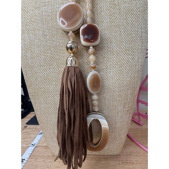 Chicos Long Beaded Necklace W/ Leather Tassel & Gradient Brown Accents - Picture 8 of 16